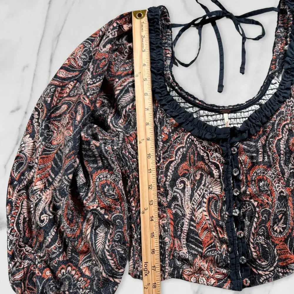 Free People Dare Me Tie Back Velvet Paisley Puff Sleeve Blouse Medium